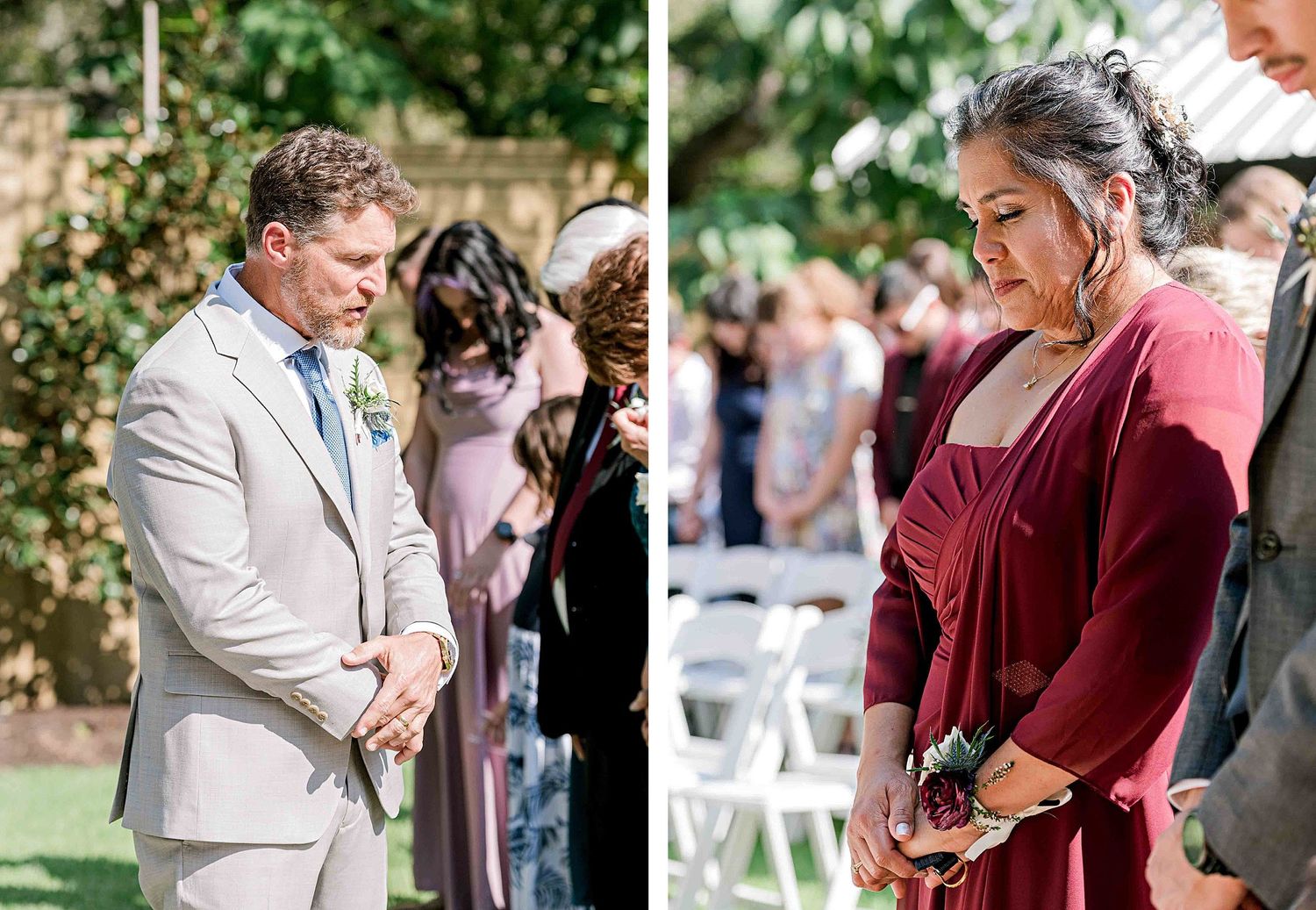 Wedding attendants stand solemnly during an outdoor garden ceremony.