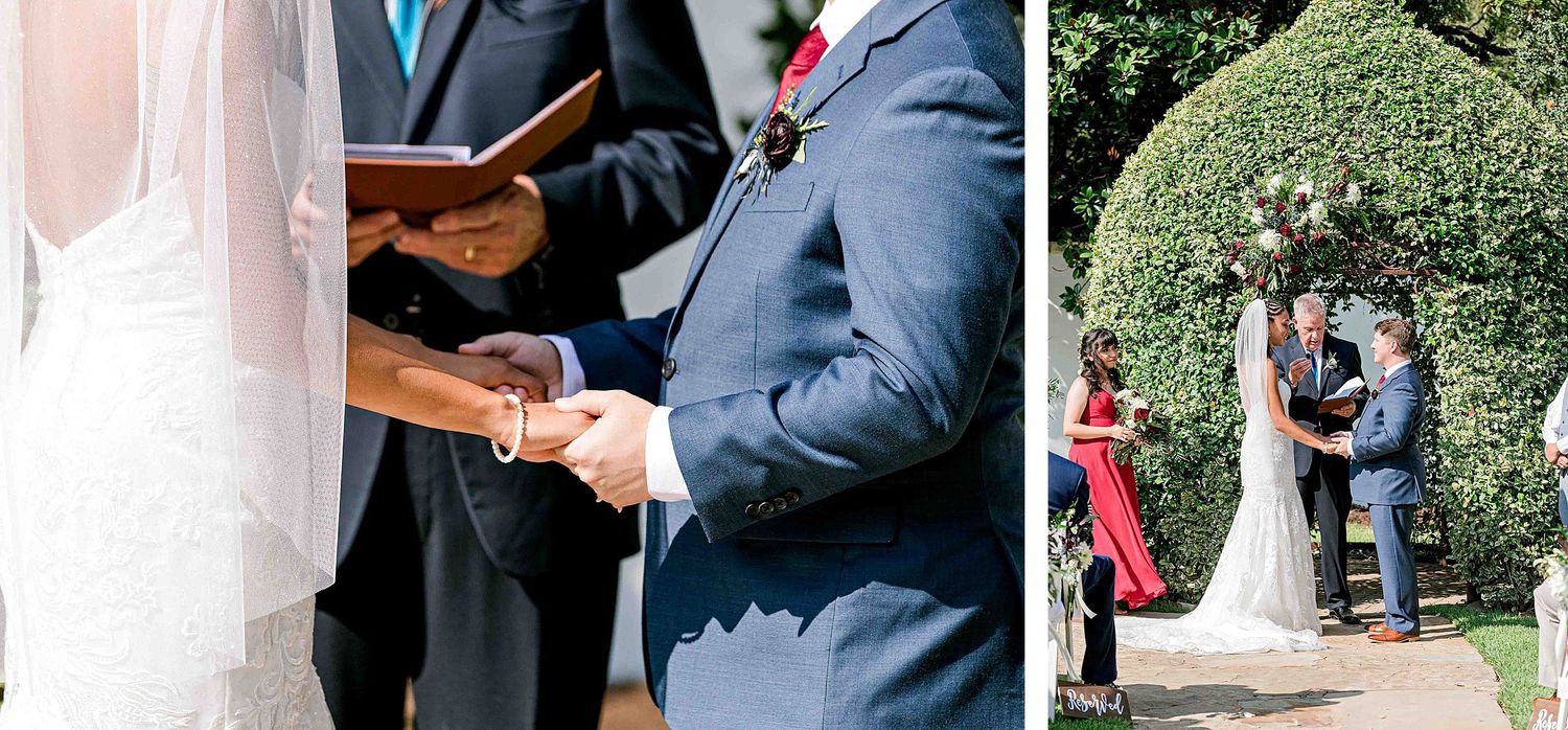 Wedding ceremony details showing ring exchange and couple under garden arch.