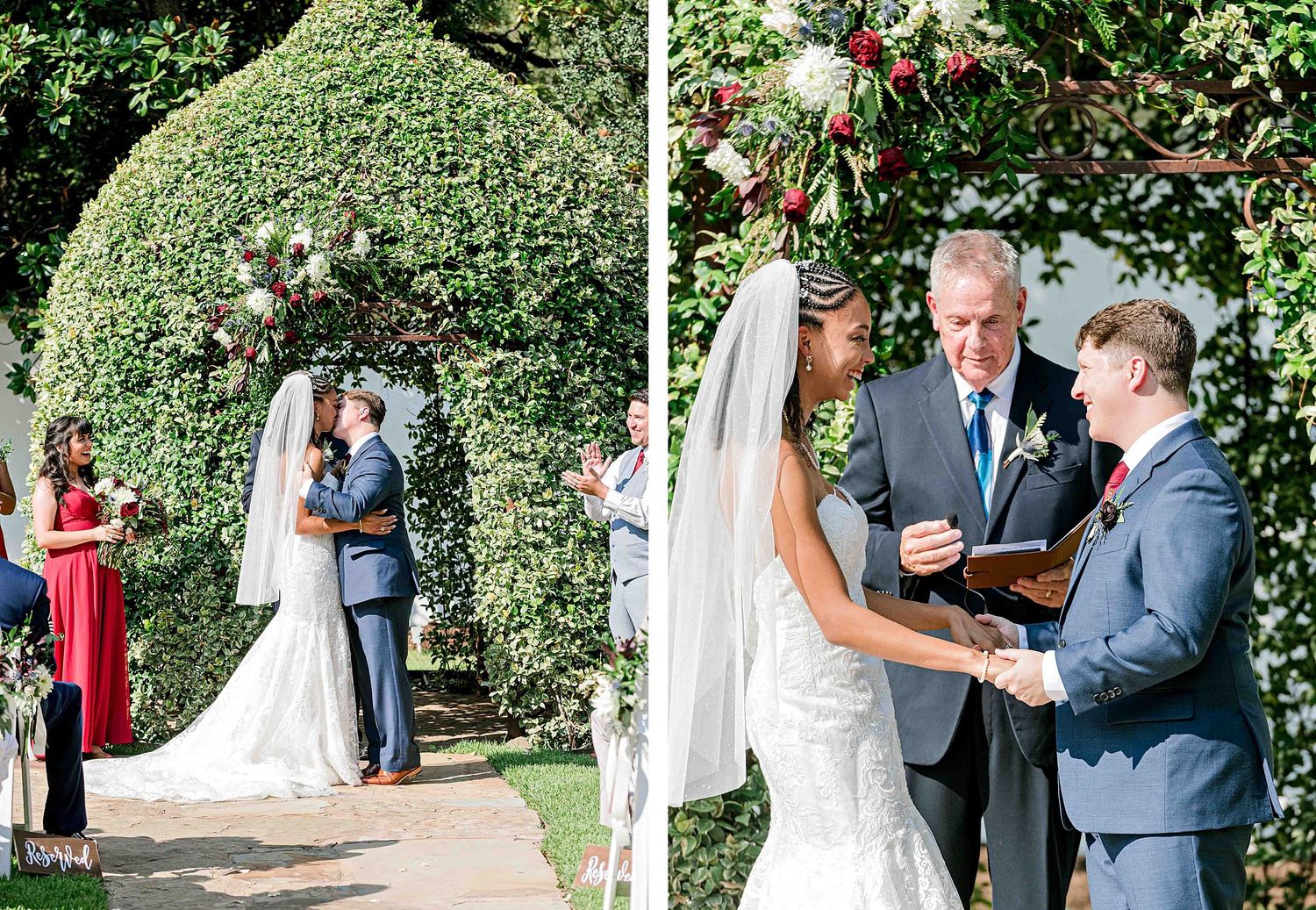 Wedding ceremony split view showing couple exchanging vows under a garden archway.