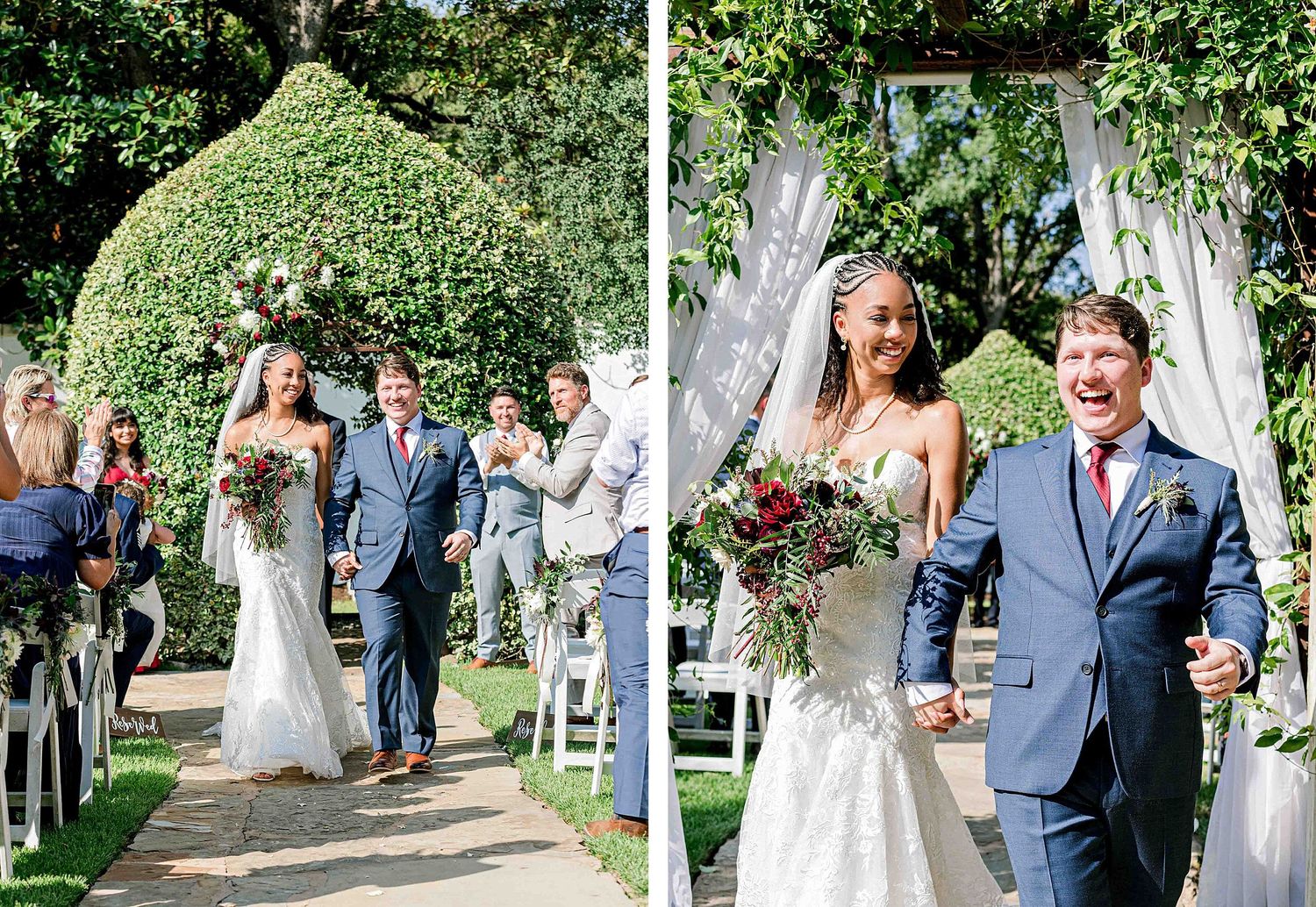 Split view of joyful wedding recessional and celebration in an outdoor garden setting.