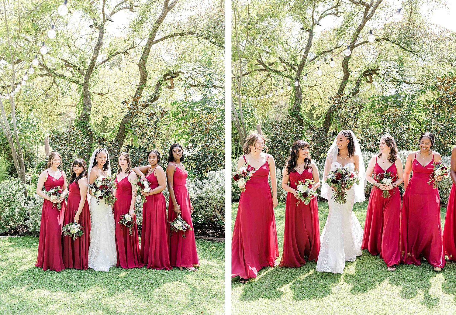 Two-panel shot of bridal party in red dresses posing together in a garden setting.