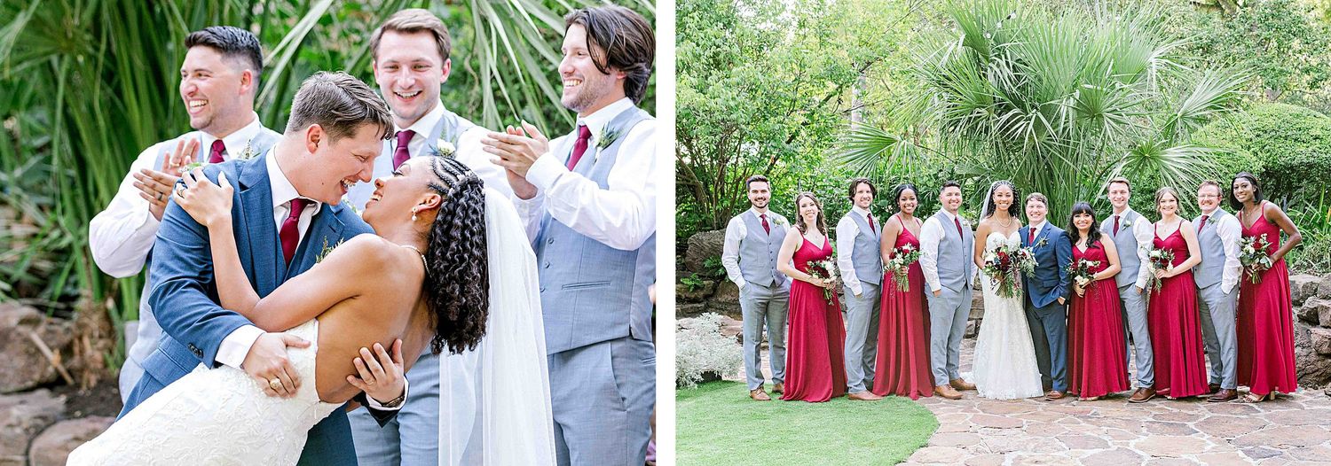 Wedding party celebrating joyfully in a lush garden with bridesmaids in red dresses and groomsmen in gray suits.