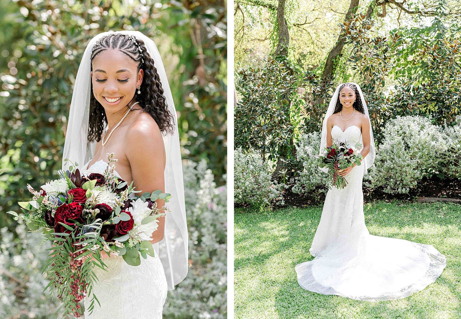 Side-by-side bridal portraits in a garden featuring a white dress and burgundy bouquet.