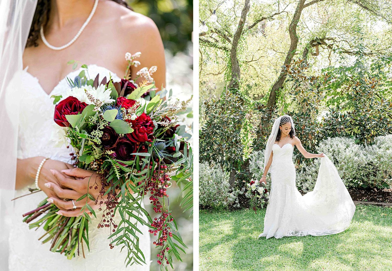Wedding details showing burgundy floral bouquet and flowing white dress in garden scenery.