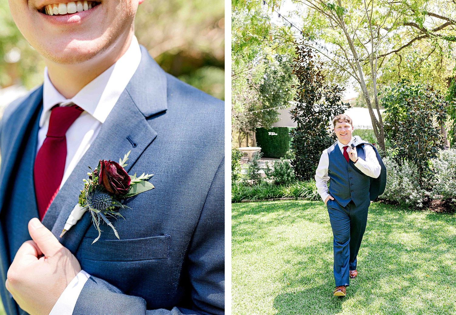 Close-up of a navy suit with red tie and burgundy boutonniere next to a garden wedding photo.