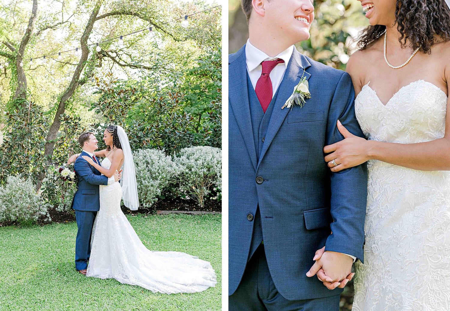 Wedding couple poses for romantic portraits in a lush garden setting.