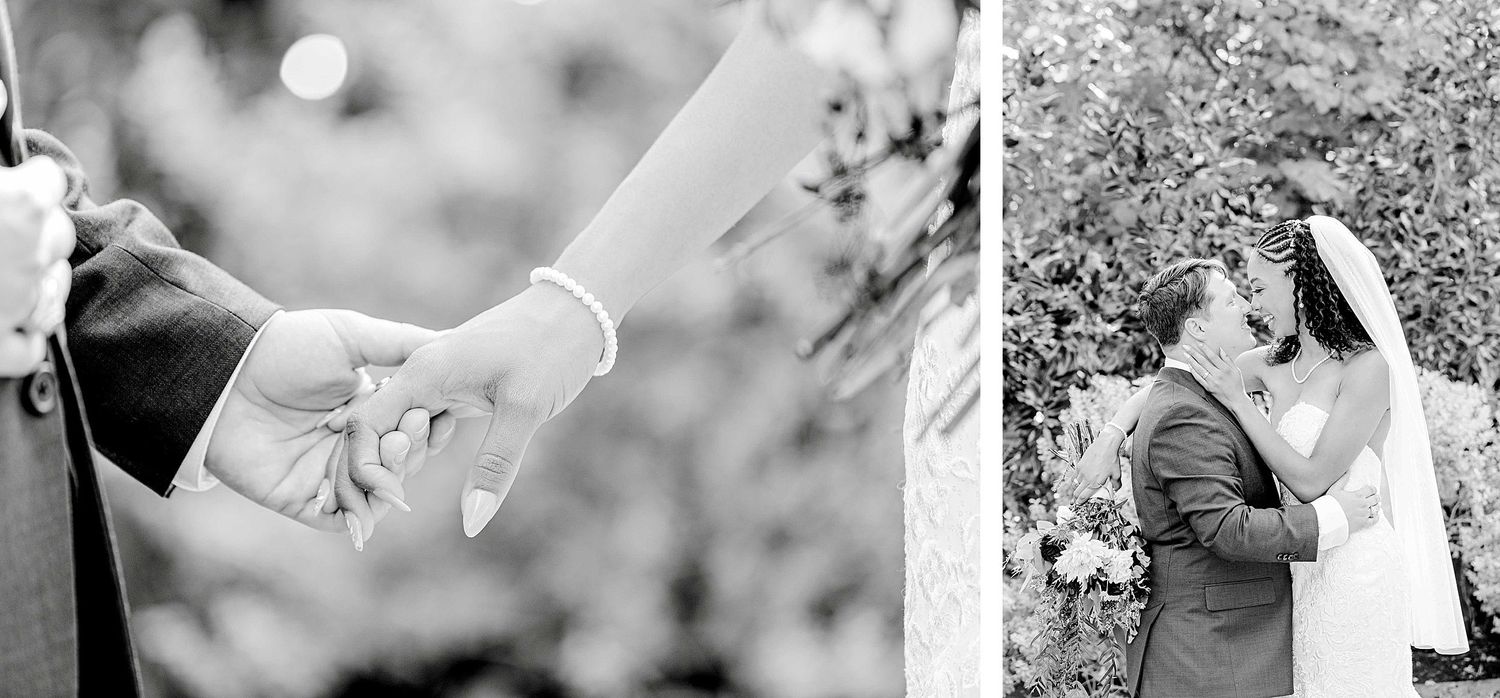 Black and white wedding photos showing intimate moments between newlyweds.