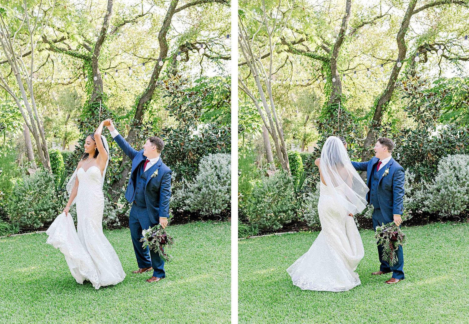 Wedding couple playfully walks and dances on a green lawn surrounded by trees.