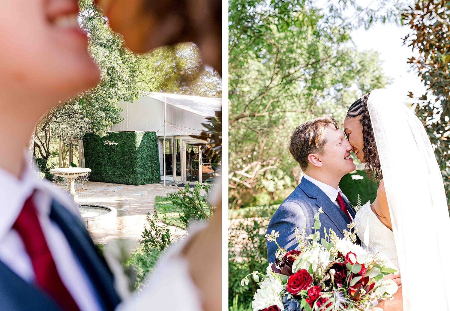 Wedding couple shares intimate moments in a garden setting with natural greenery.