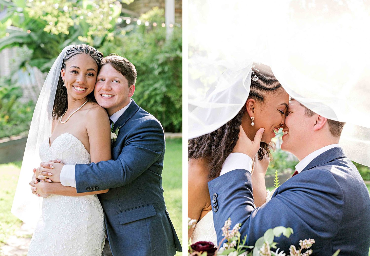 Wedding couple shares intimate romantic moments in a garden setting.