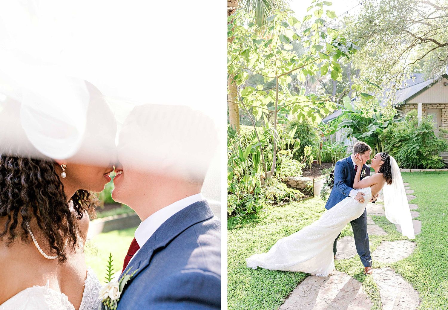 Wedding couple portraits in a lush garden setting with beautiful natural lighting.