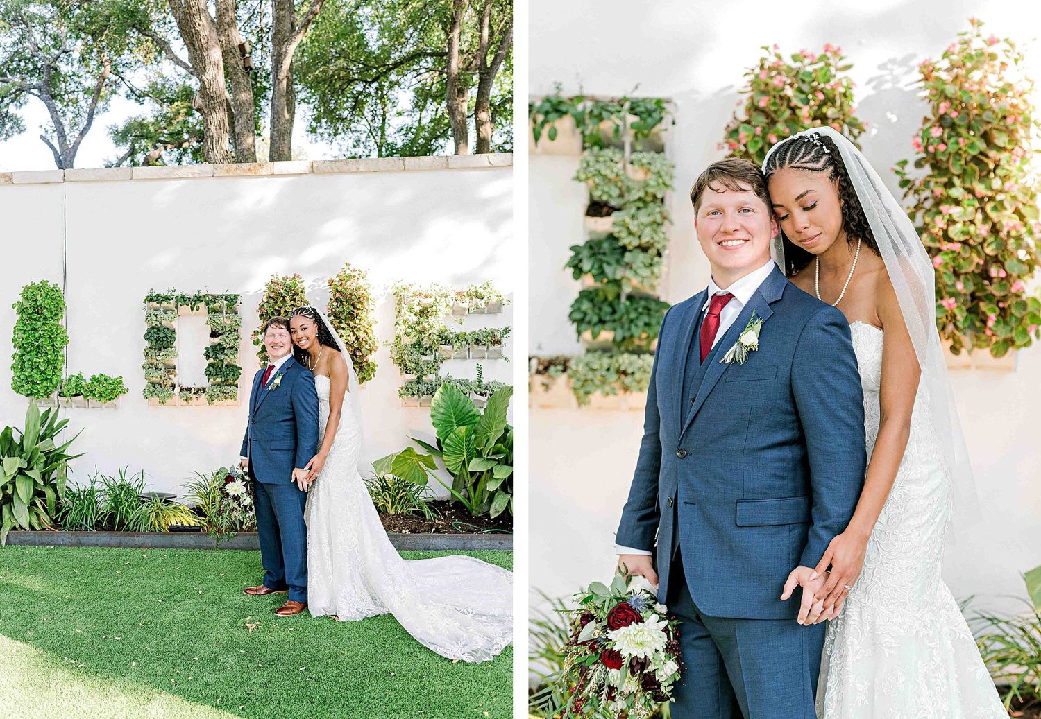 Garden wedding portraits against white wall with lush greenery and florals.