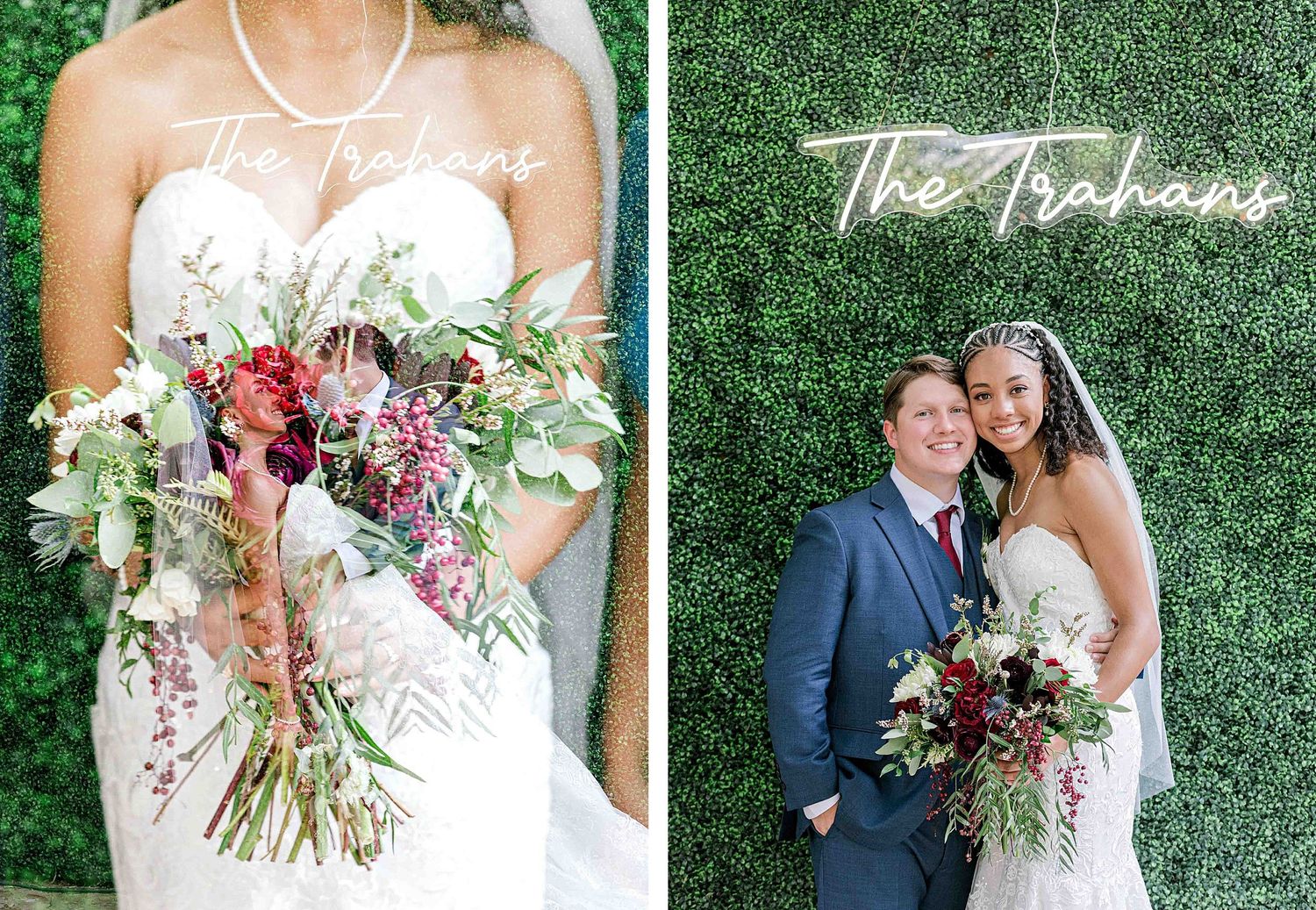Wedding details featuring vibrant bouquet and couple against green botanical backdrop.