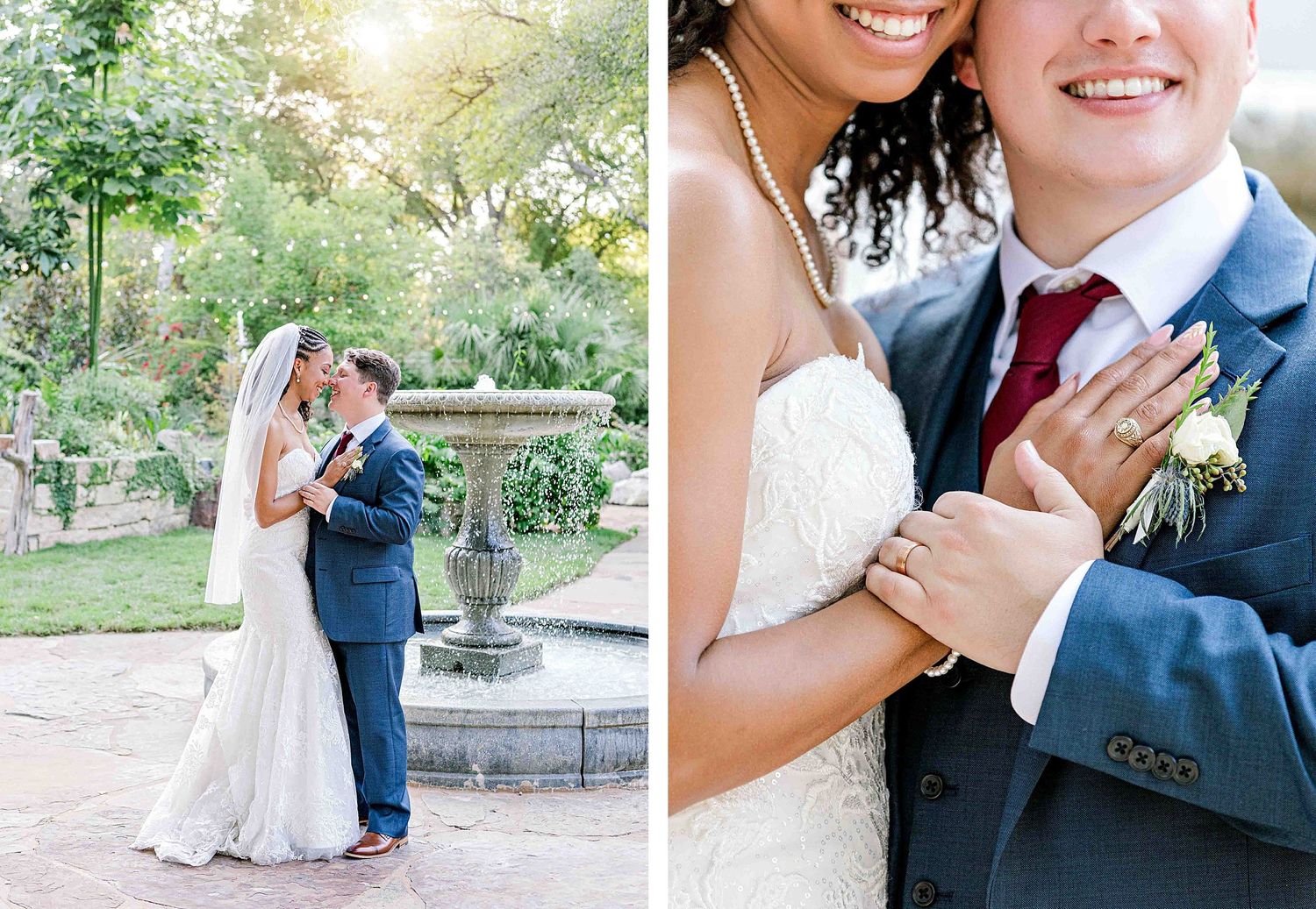 Garden wedding portraits featuring romantic poses and vintage fountain backdrop.