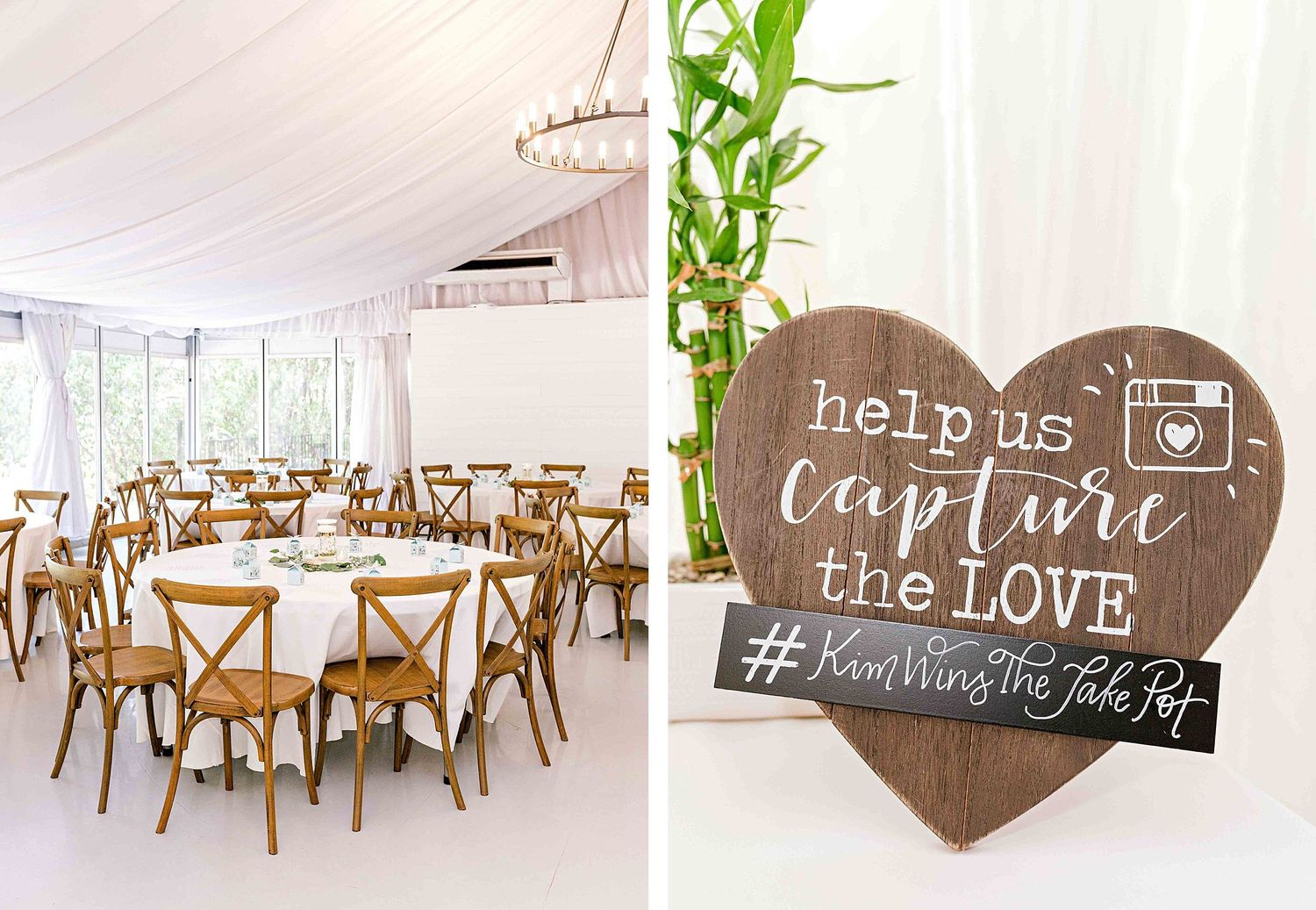Elegant wedding reception venue setup with round tables, crossback chairs and a heart-shaped social media sign.