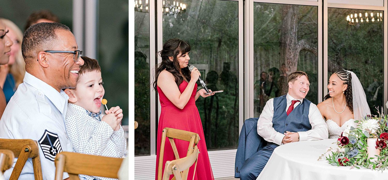 Wedding reception candid moments captured through glass windows.