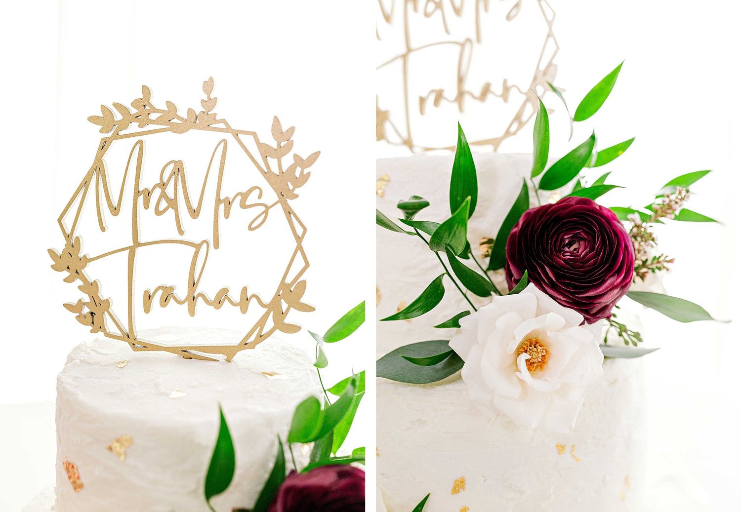 Close-up details of a white wedding cake with gold topper and burgundy floral decorations.