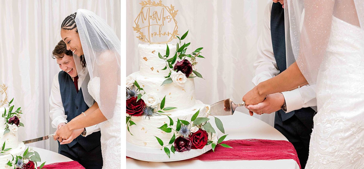 Wedding cake cutting sequence showing detailed shots of the elegant white and burgundy cake.