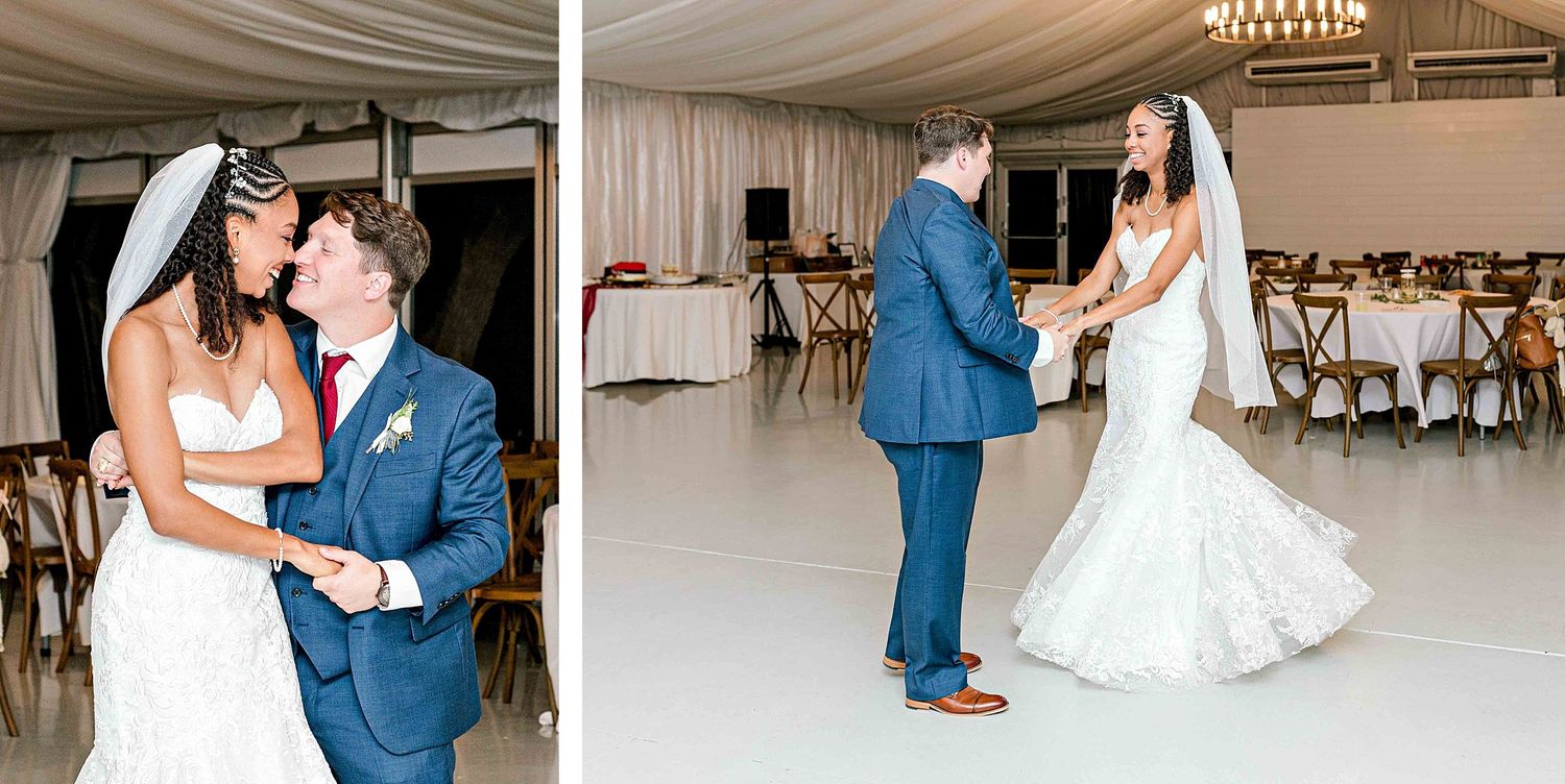 A romantic first dance moment captured in a beautifully decorated wedding reception venue.