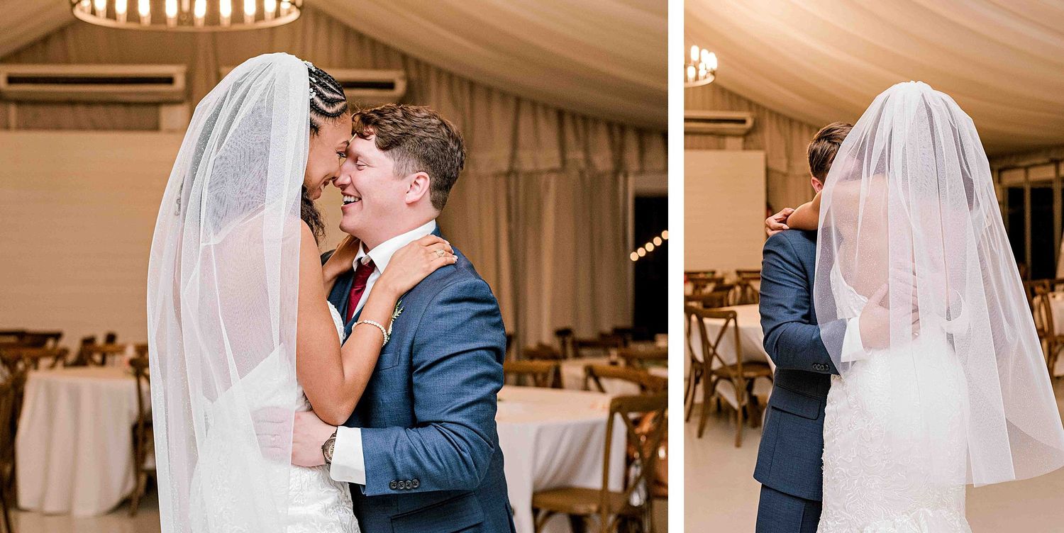 Romantic wedding dance captured from two angles in an elegant white-draped reception venue.
