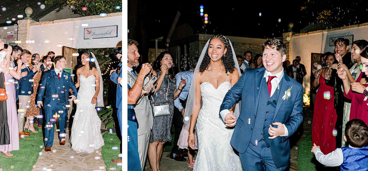 Wedding celebration with guests cheering during outdoor evening festivities.
