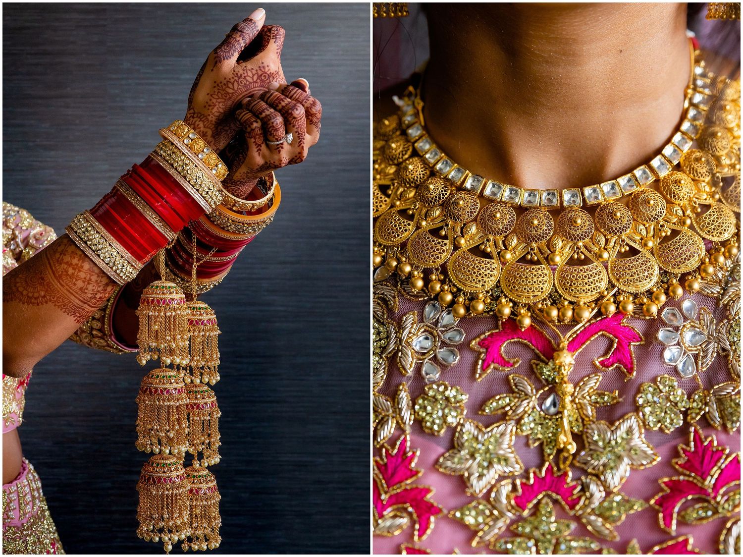 Ornate Indian wedding jewelry featuring gold choker necklace and traditional bridal bangles with red and gold accents.