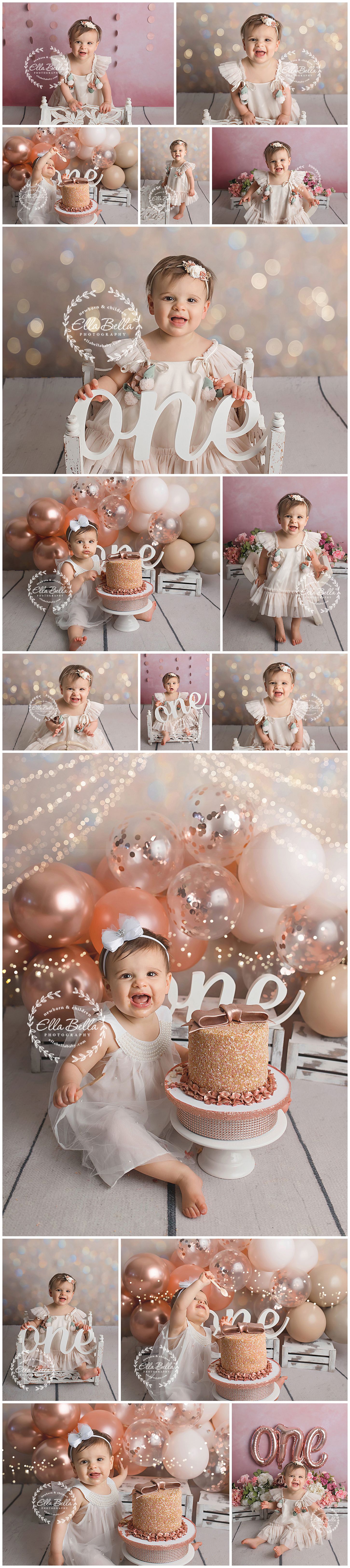 First birthday cake smash photoshoot with rose gold balloons and sparkly lights.