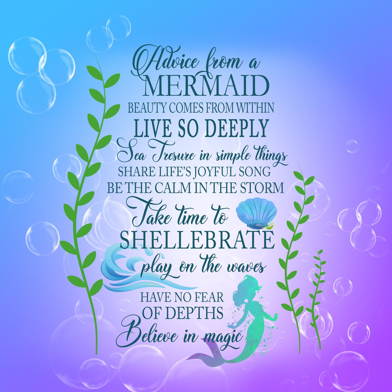 Mermaid-themed text overlay with inspirational quotes about the sea in blue gradient background.