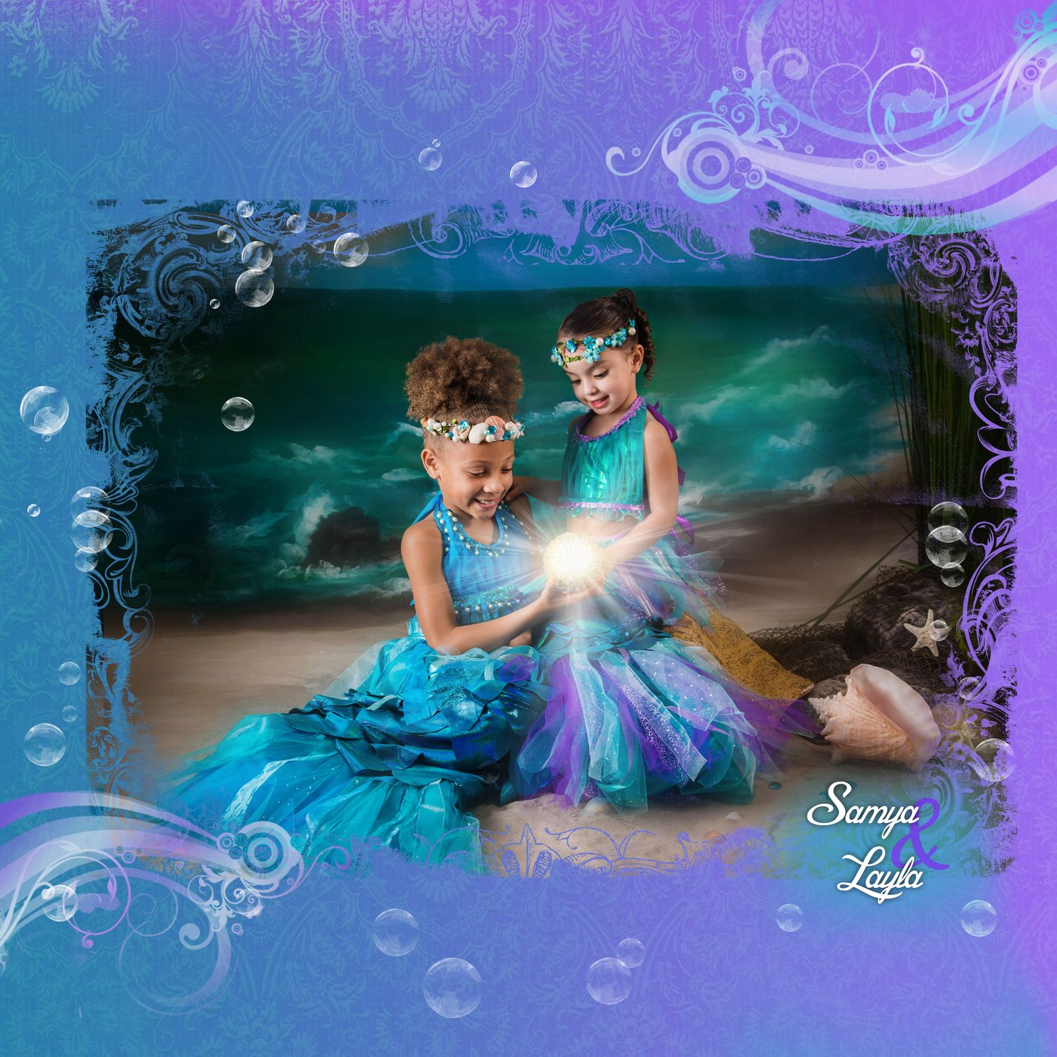 Whimsical mermaid-inspired photoshoot with glowing magical elements and turquoise accents.
