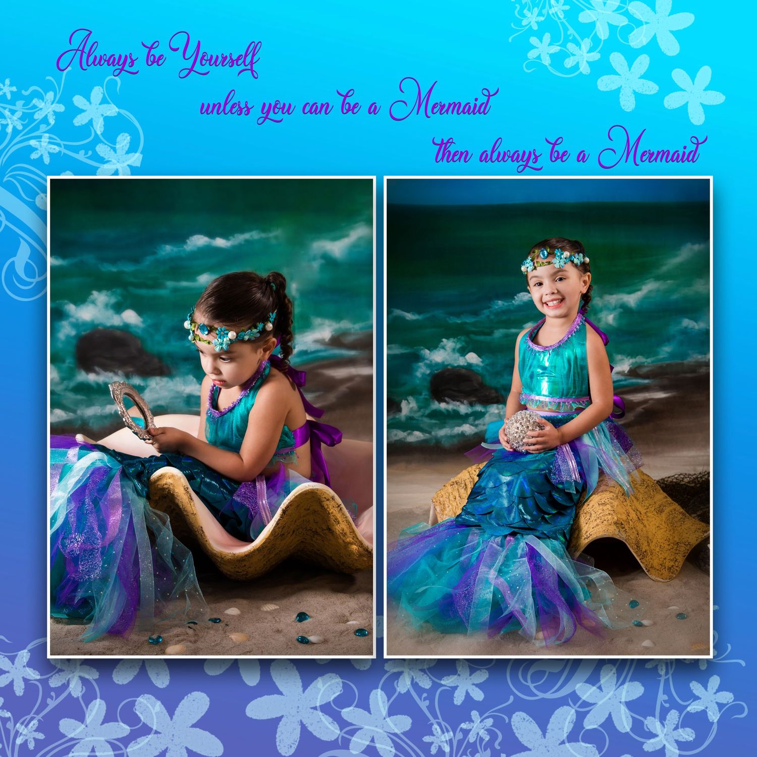 Enchanted beach photography collection with snowflake overlays and mermaid-themed styling.