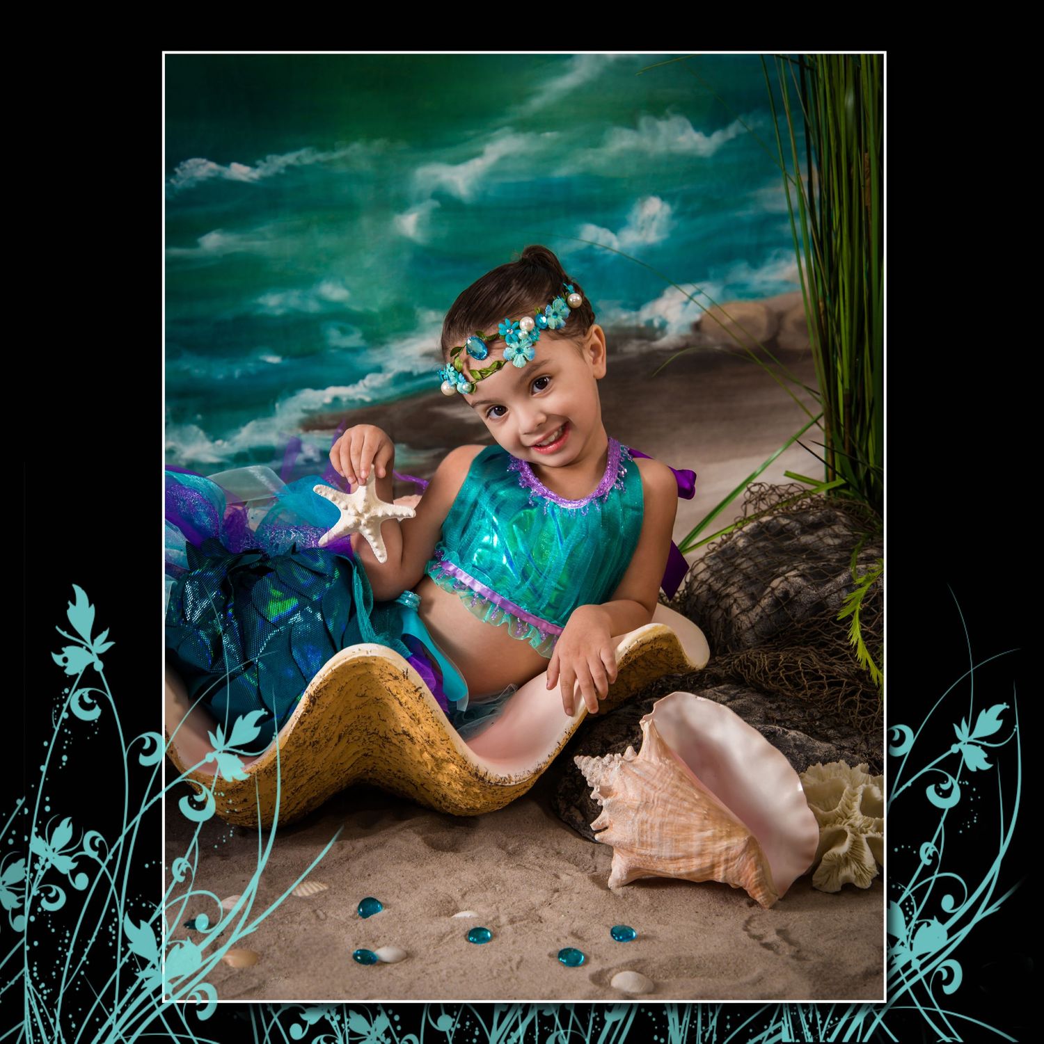 Artistic beach photography with decorative teal floral elements and dramatic lighting.