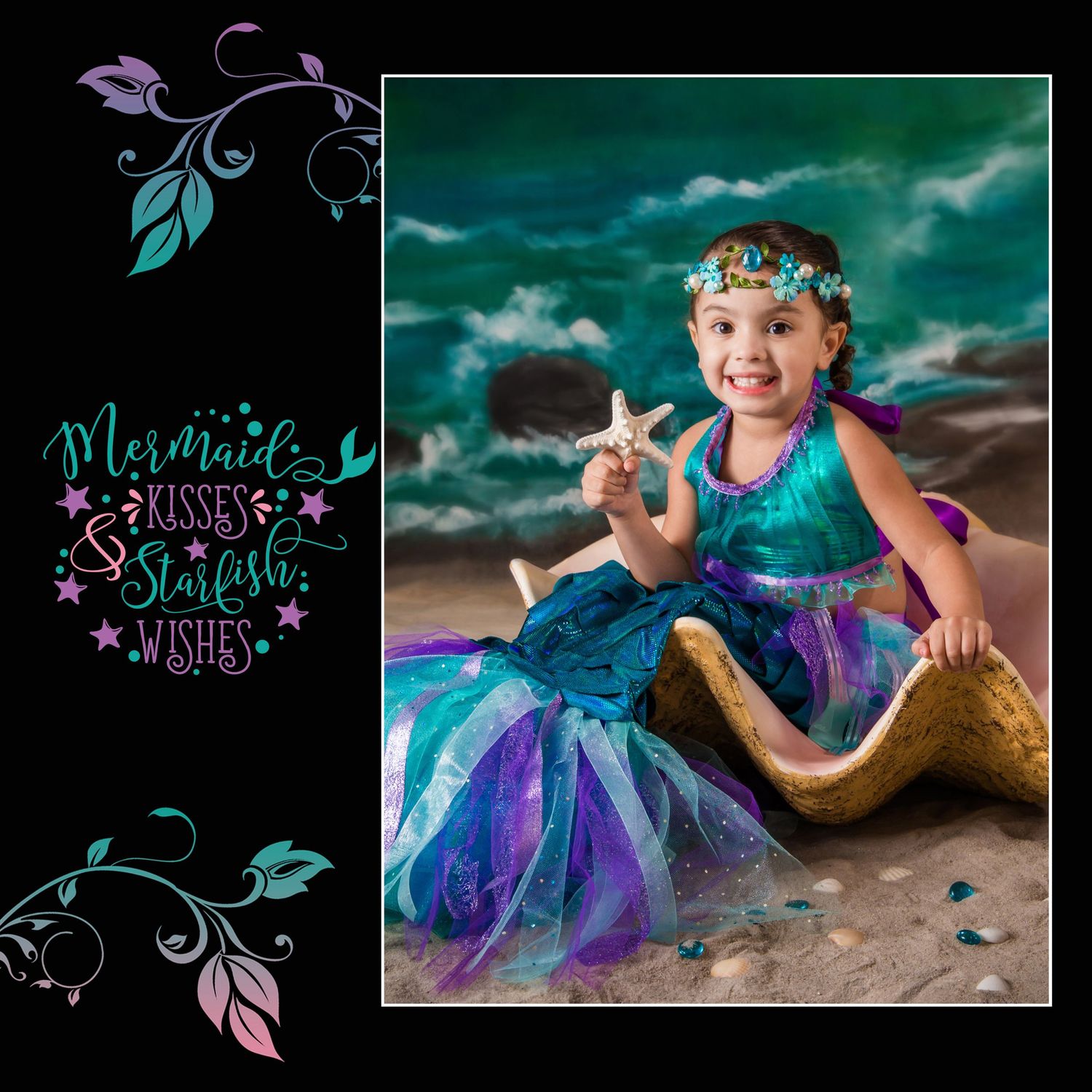 Mystical beach portraits with decorative purple and teal elements against dark background.