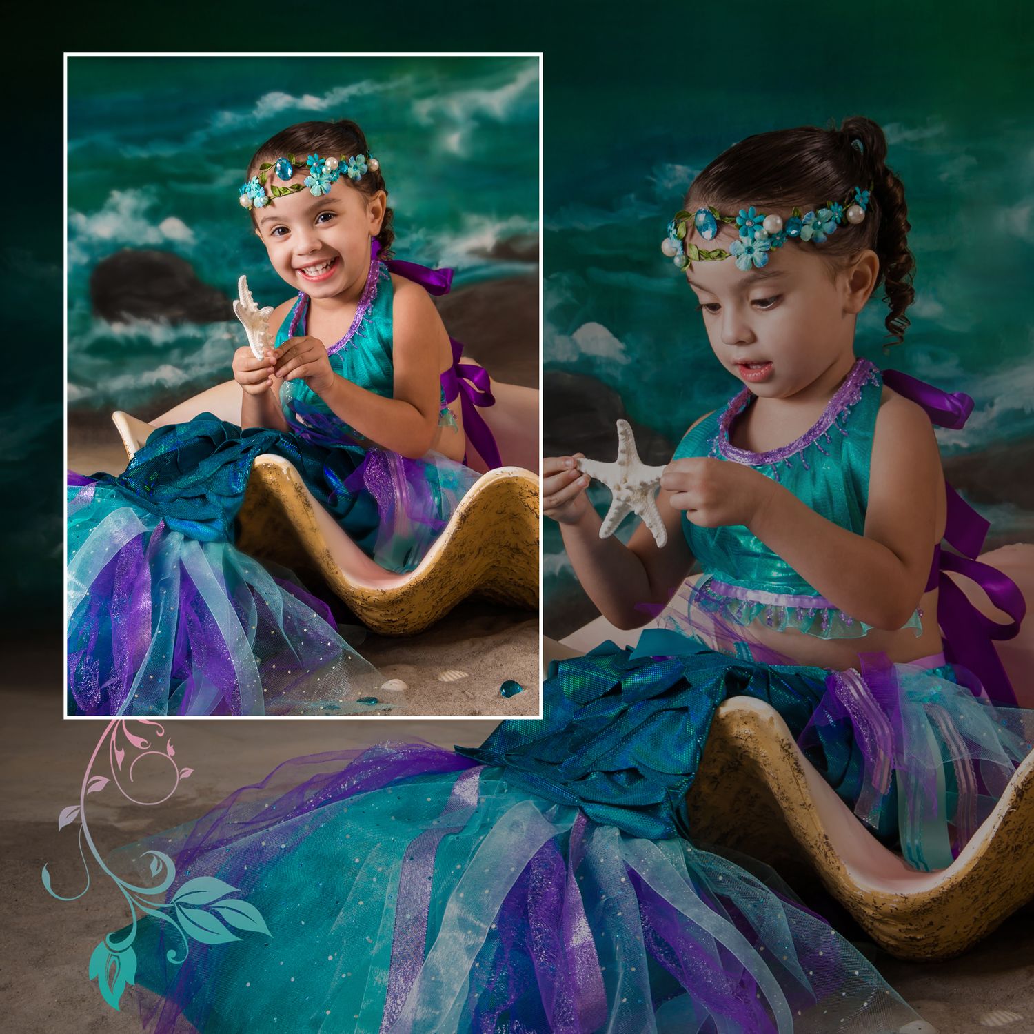 Magical mermaid-themed photo with turquoise and purple tulle dress against a dramatic cloudy backdrop.