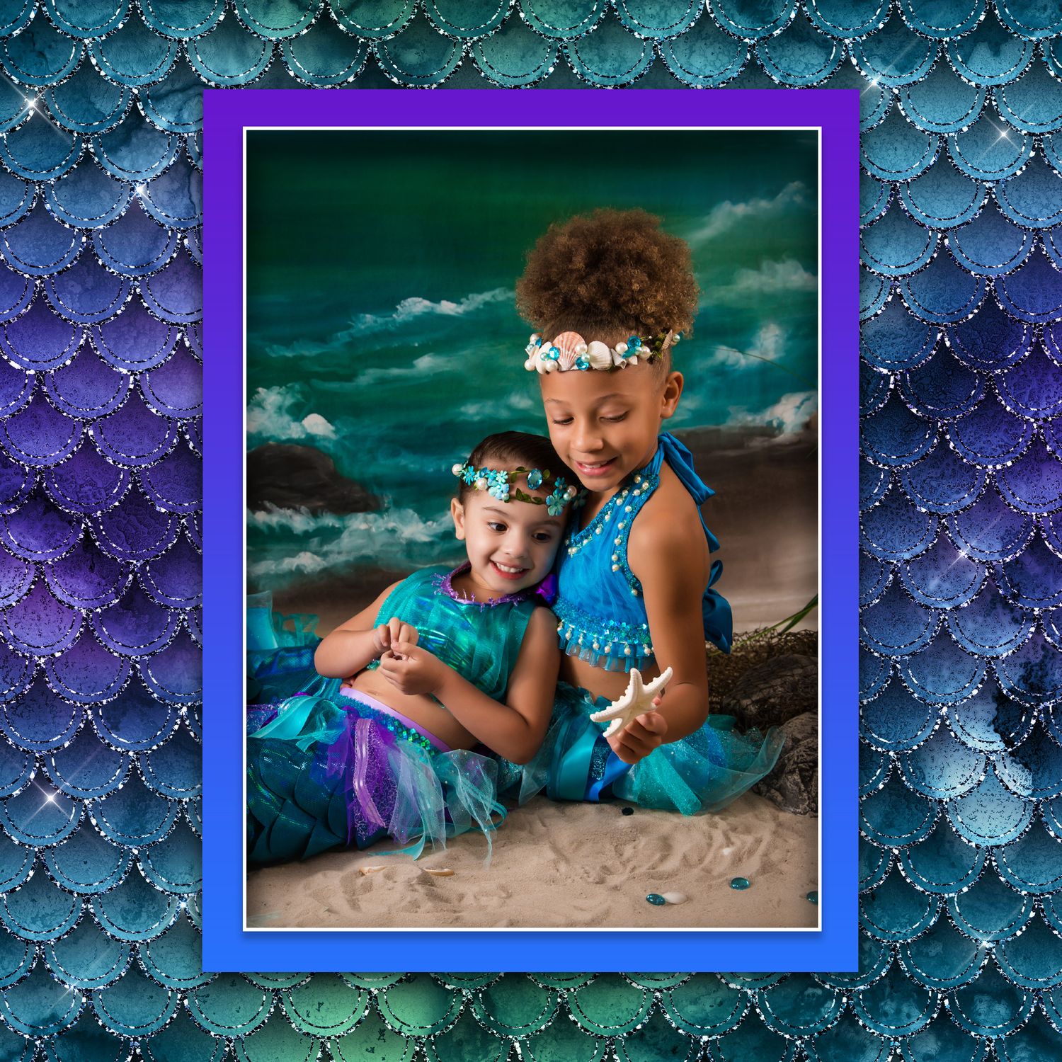 Enchanting mermaid-themed portrait with blue scale frame and dreamy teal background.