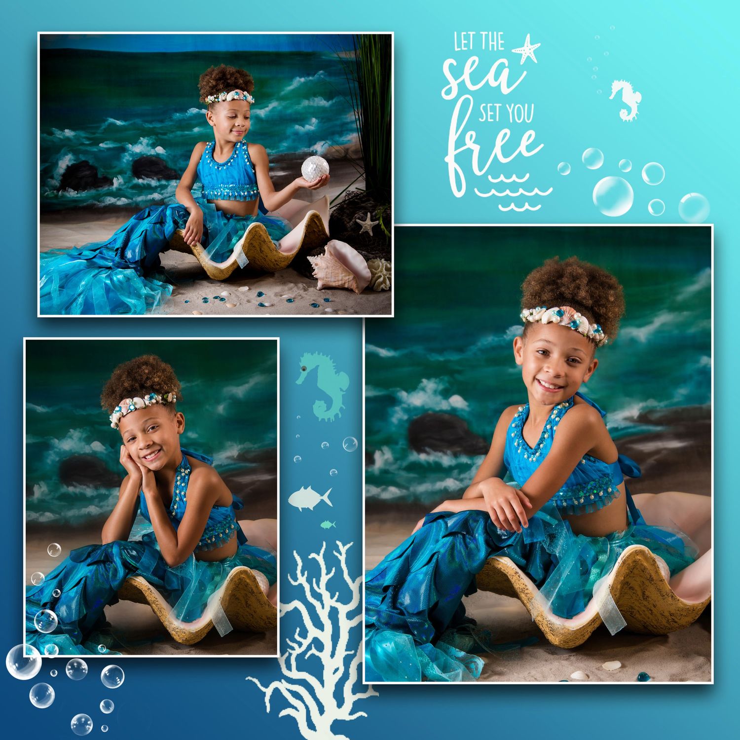 Coastal-themed photo collage with 'Let the sea set you free' text and aqua decorative elements.