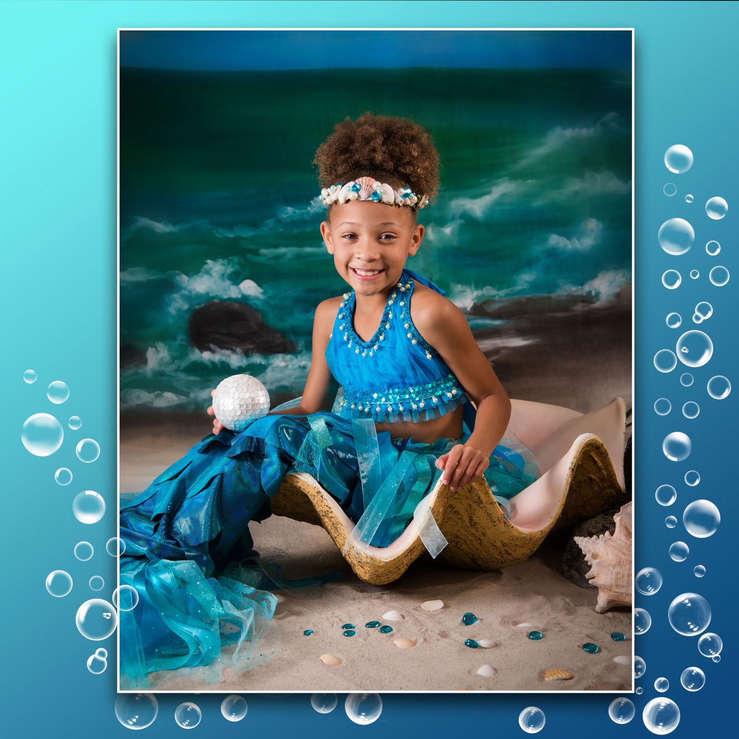 Beachy portrait with aqua frame and bubble decorations featuring mermaid-inspired costume.