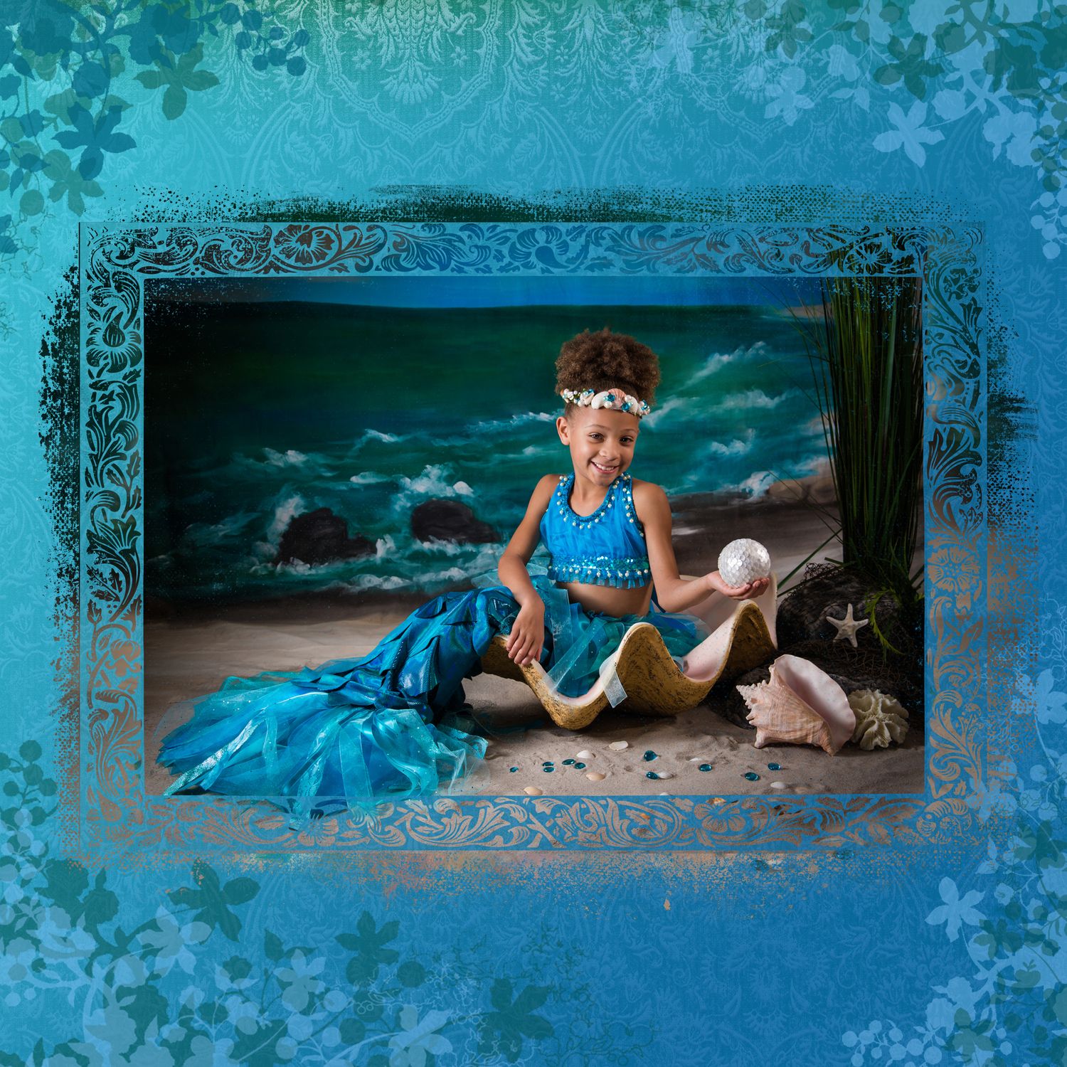 Coastal themed photo collage with decorative blue borders and winter snowflake patterns.