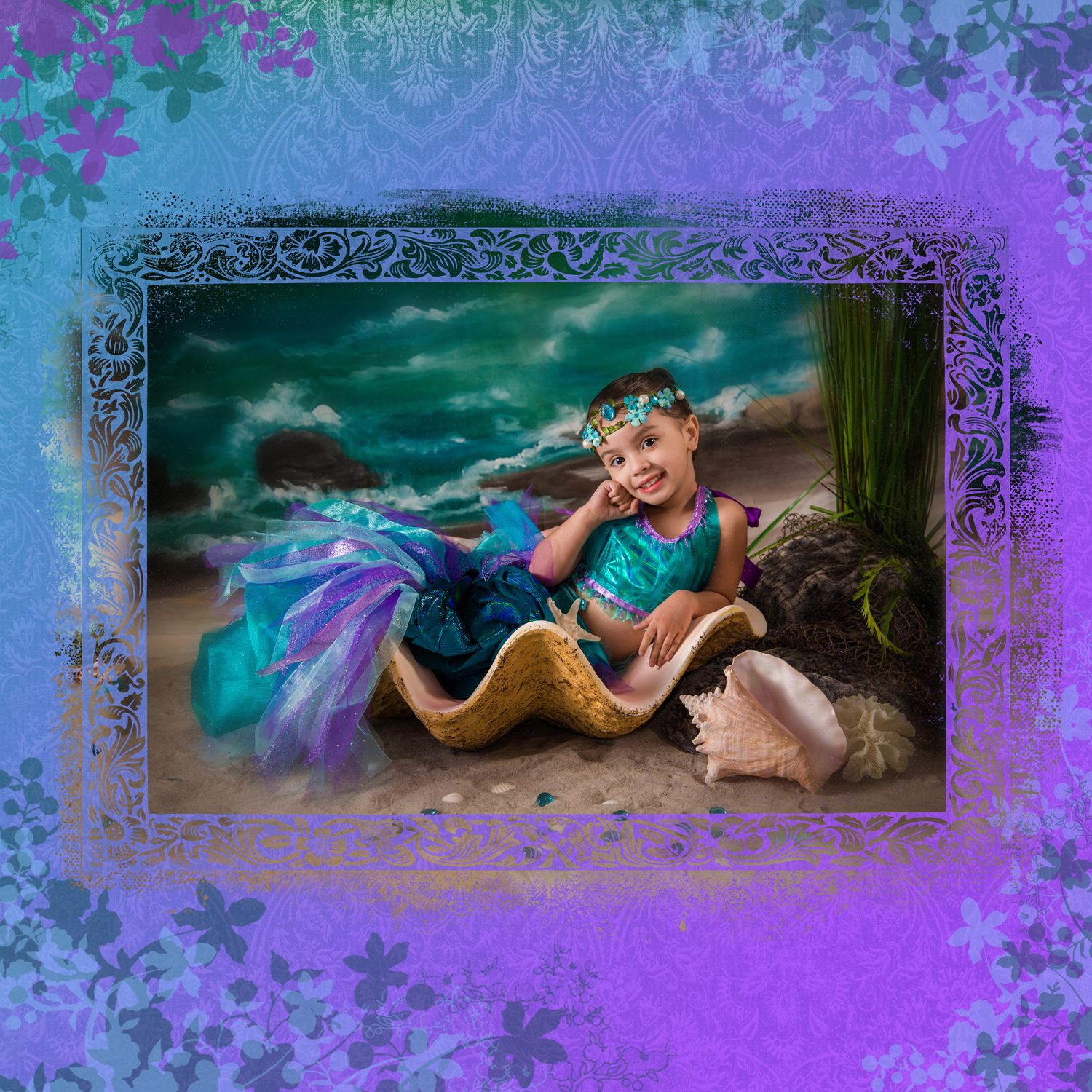 Dreamy mermaid-themed portrait with purple floral frame and mystical lighting effects.