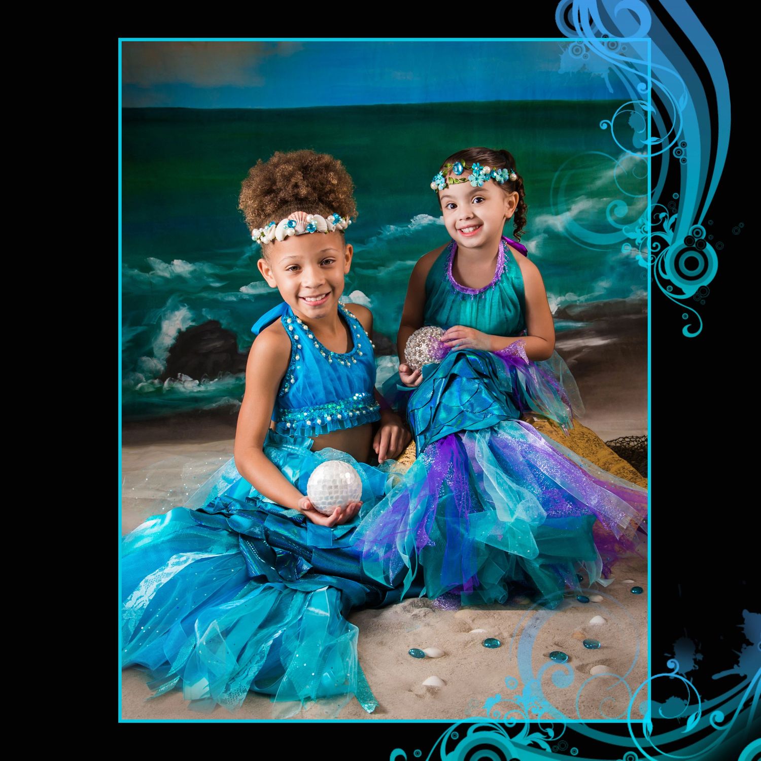 Elegant mermaid-themed portrait with blue decorative swirls and dramatic lighting.