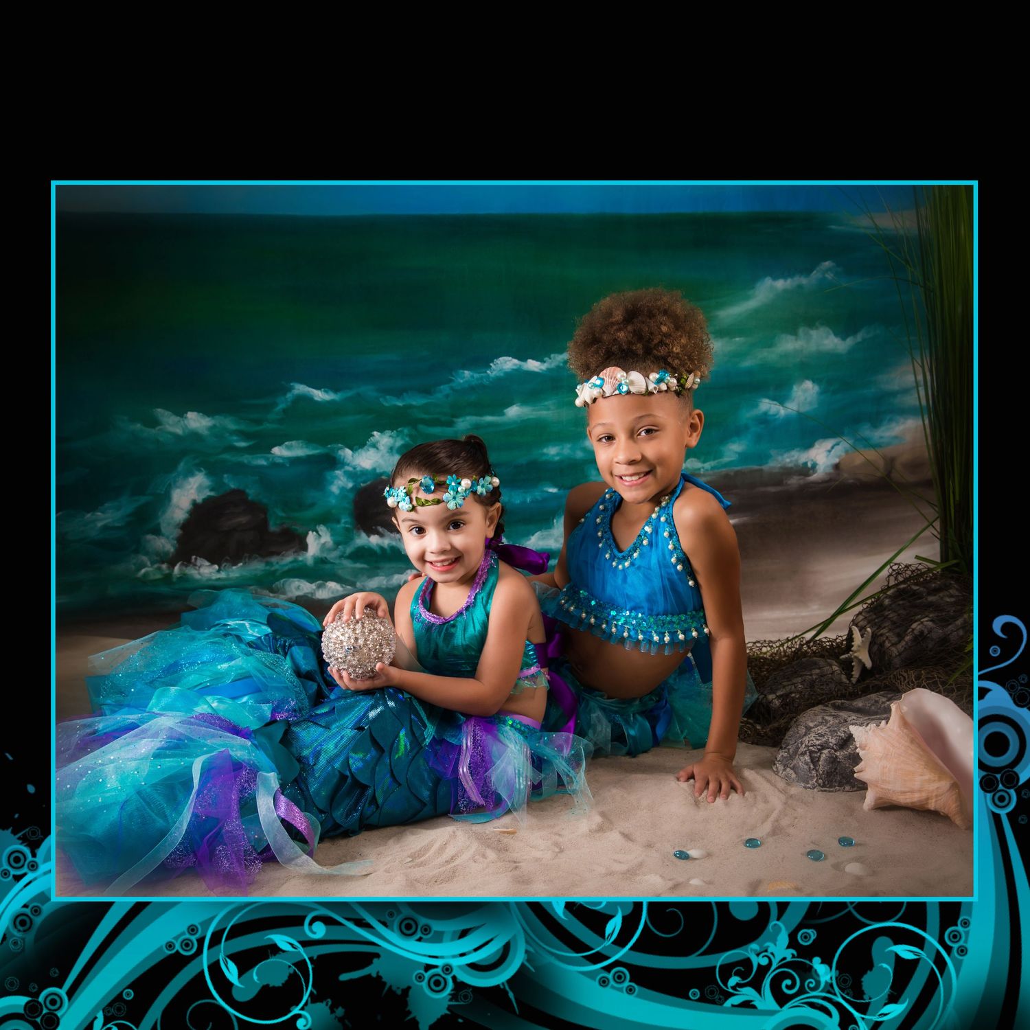 Beachy portrait with dark background and mystical blue swirl decorations.