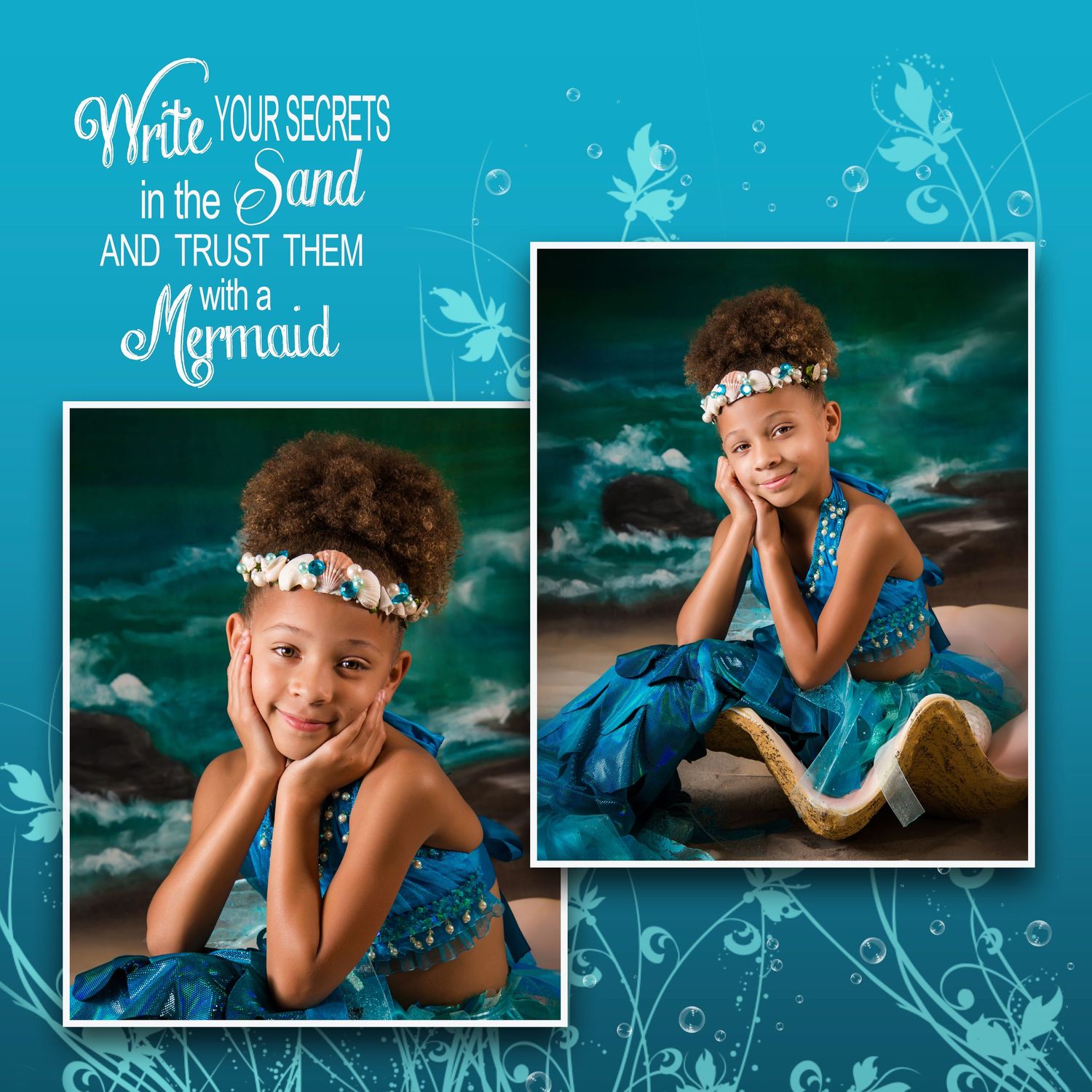 Coastal themed photo layout with 'Write your secrets in the sand' text and seashell decorations.