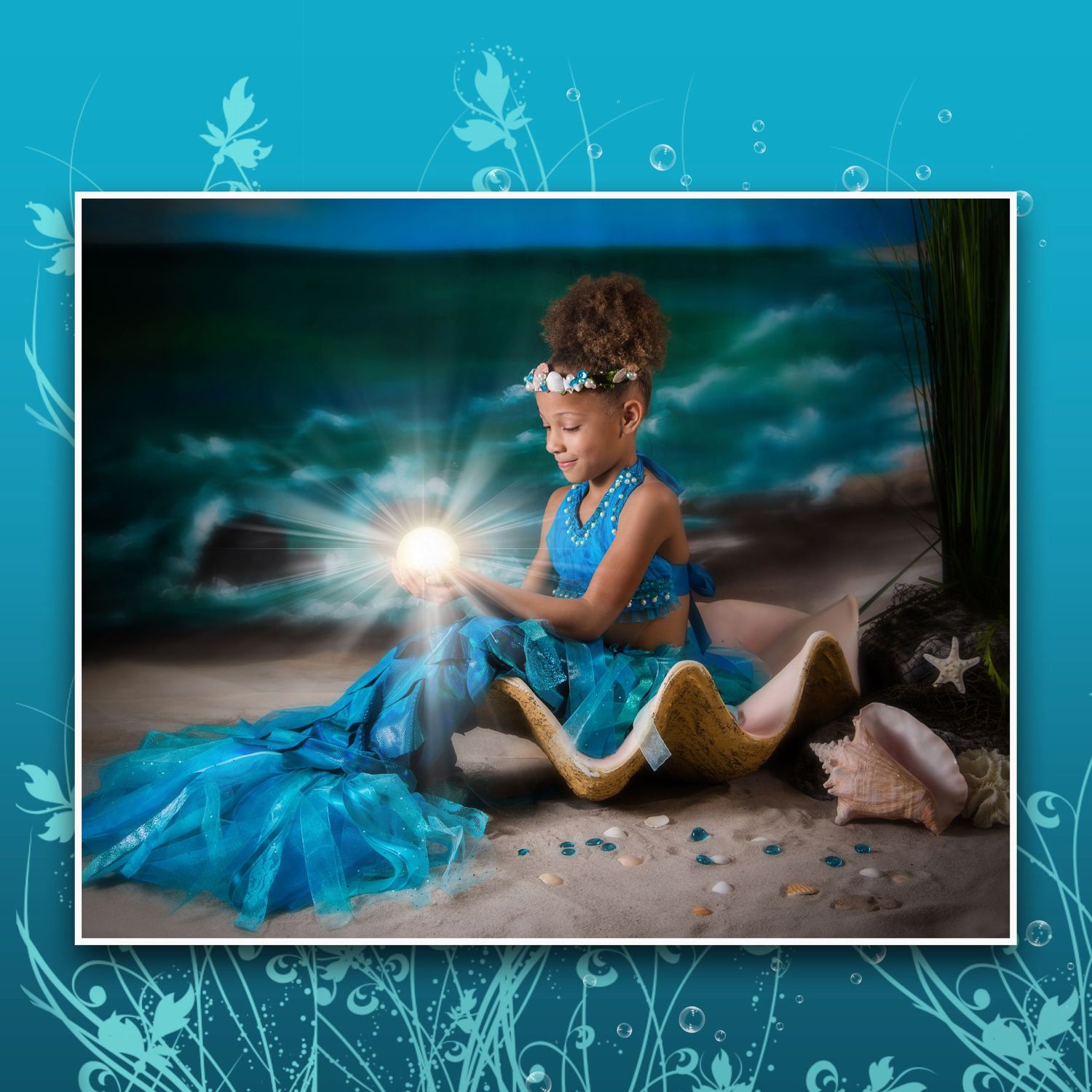 Dreamy beach photo shoot with turquoise decorative borders featuring seashells and starfish designs.