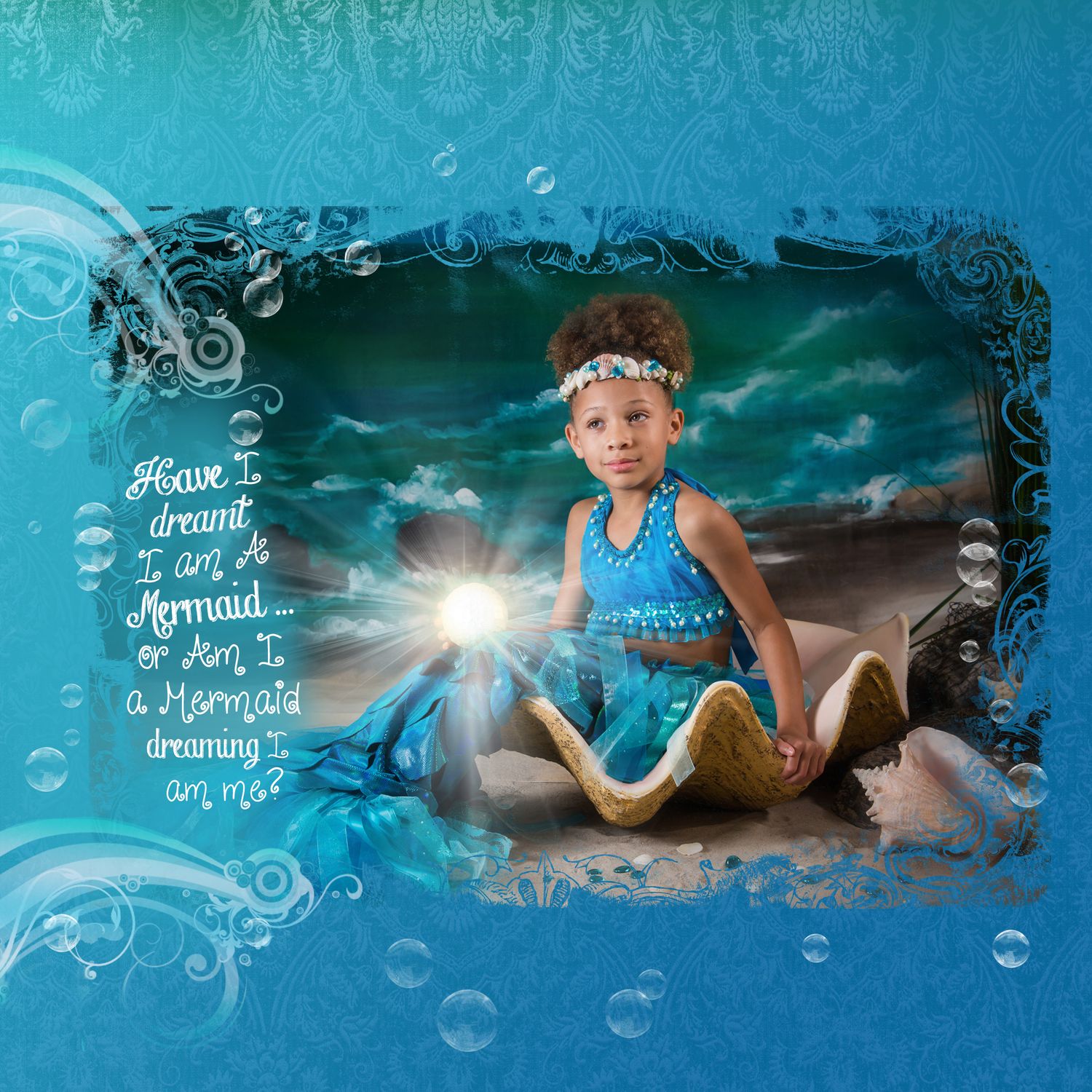 Ethereal beach portrait with glowing light effect and decorative swirl elements.