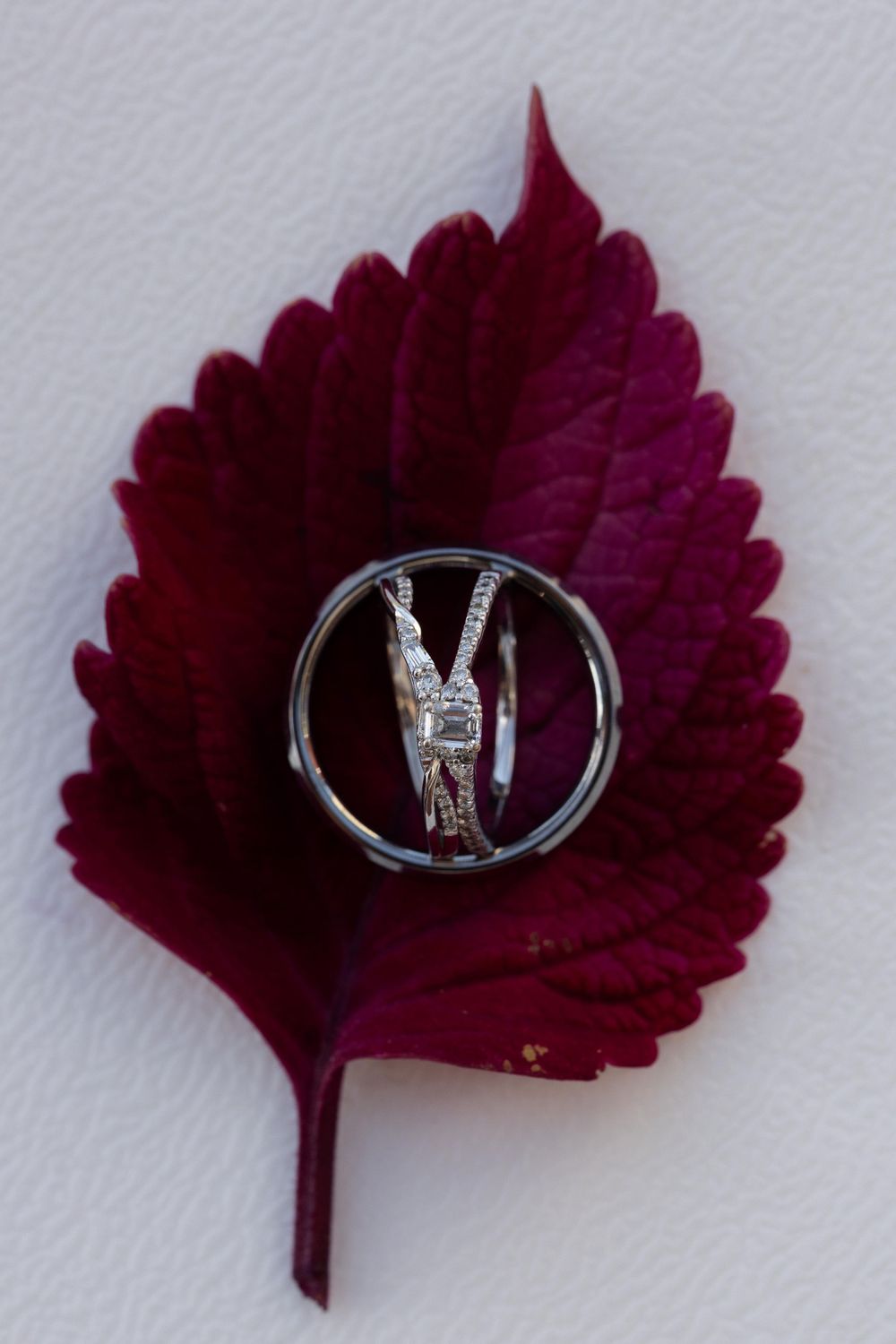 Wedding rings artistically photographed on a deep burgundy leaf.