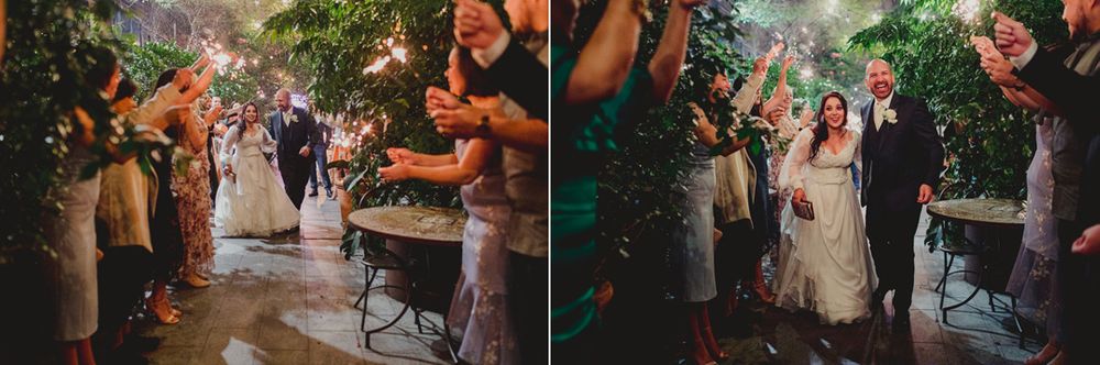 Dark atmospheric shots of wedding guests dancing at an evening reception.