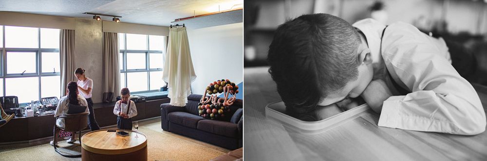 Black and white photo series showing intimate wedding day preparation moments.