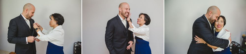 Candid moments captured during wedding preparations in a bright indoor setting.