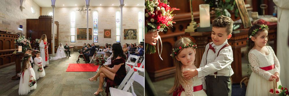 Wedding ceremony moments captured in a series of candid photographs inside a church.