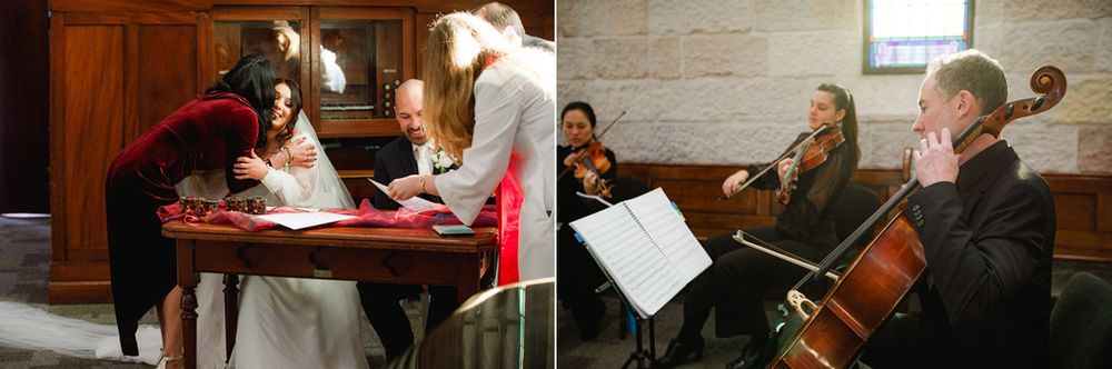 Musicians performing during a church wedding ceremony with natural light streaming through windows.