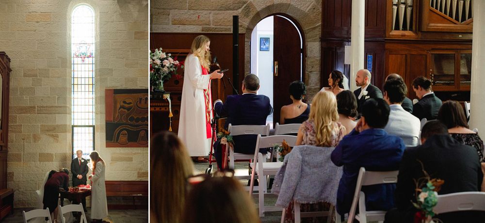 Sunlit church interior with guests gathered for a wedding celebration.